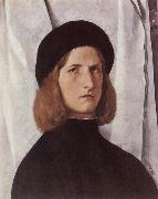 Lorenzo Lotto Portrat of a young man before a woman curtain oil